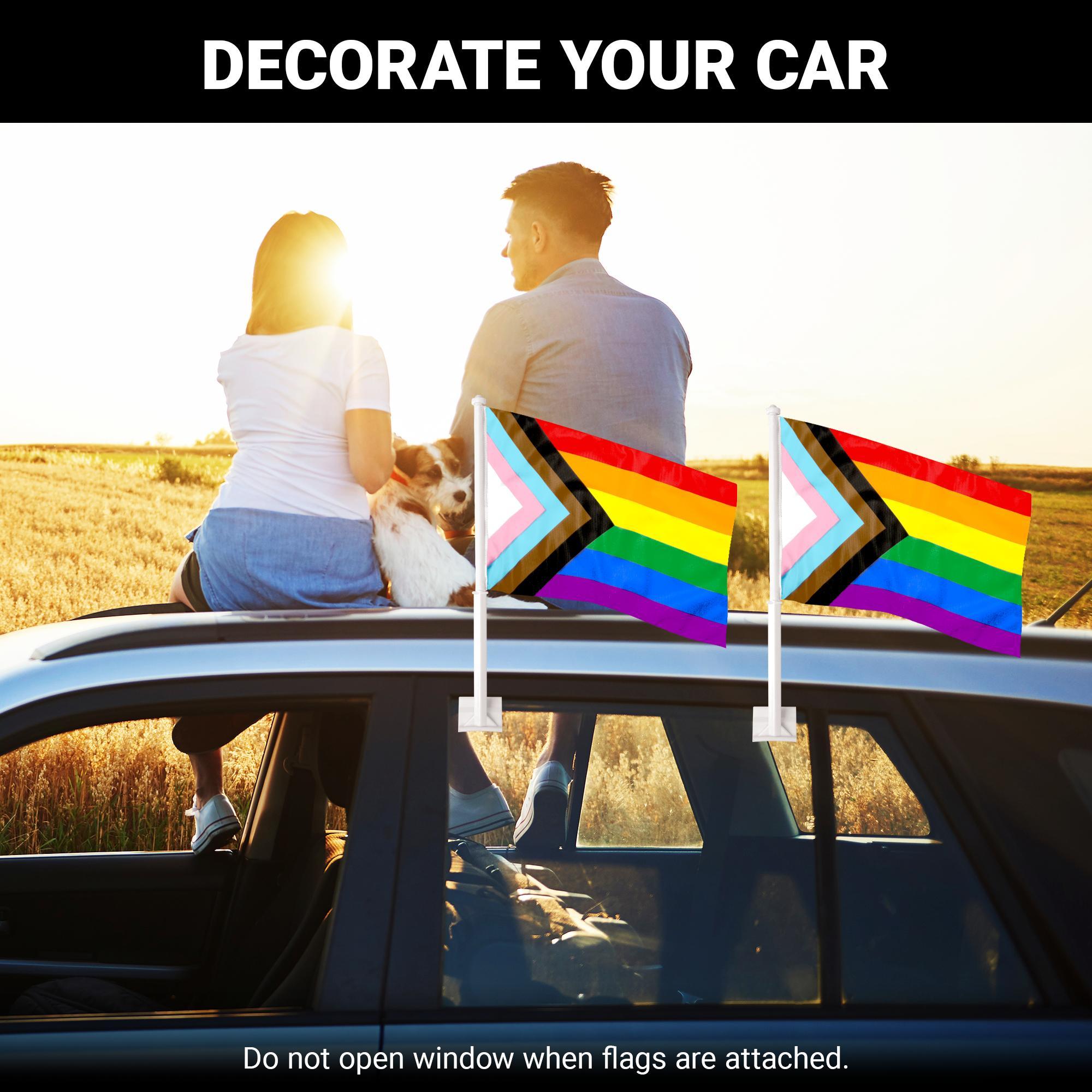 G128 2 Pack: LGBT Progress Rainbow Pride Car Flag  11x17 In  Double LiteWeave Pro Series Double Sided Printed 150D Polyester  Flagpole Included  Perfect for Festival Celebrations, Parades