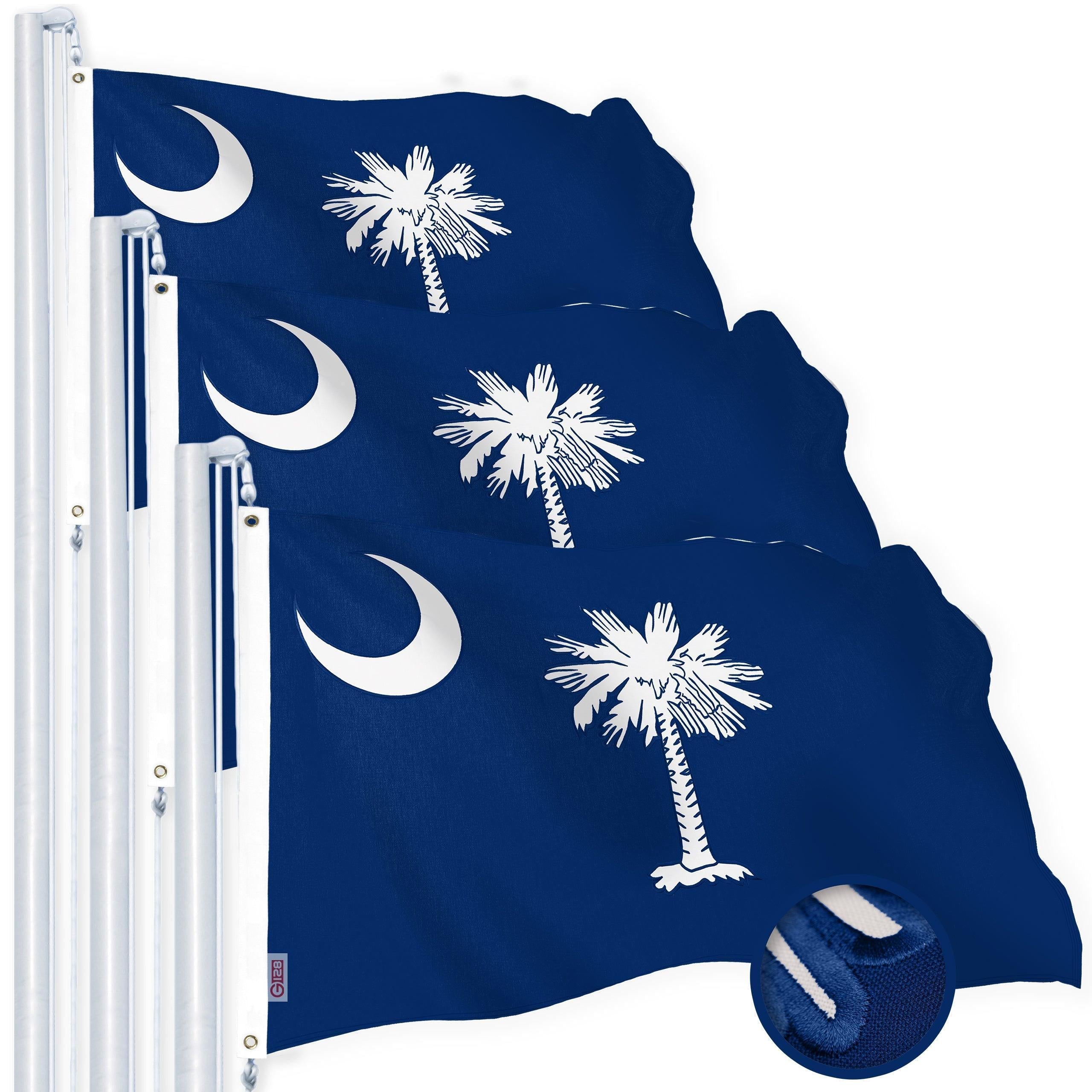 G128 3 Pack: South Carolina SC State Flag  4x6 Ft  StormFlyer Series Embroidered 220GSM Spun Polyester  Embroidered Design, Indoor/Outdoor, Brass Grommets, Heavy Duty, All Weather