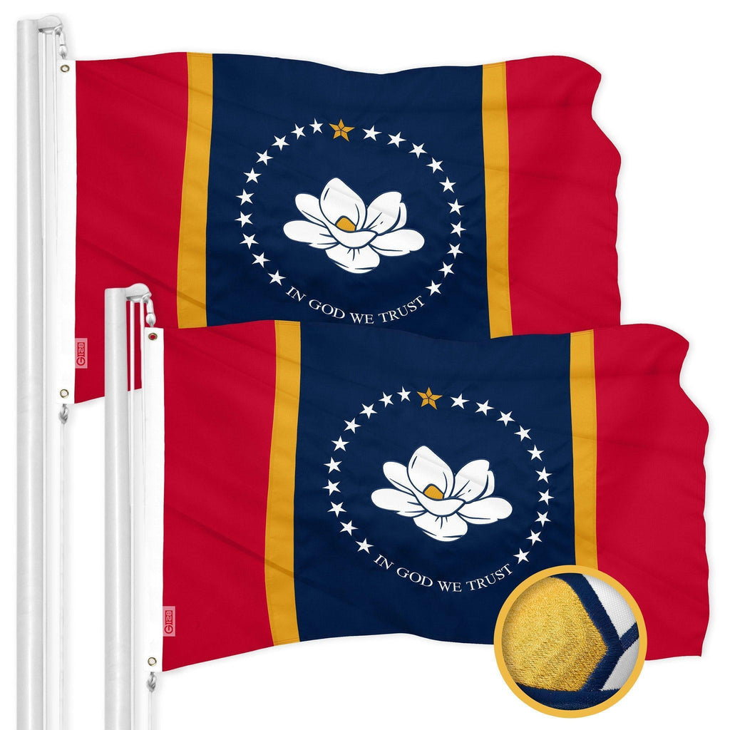 G128 2 Pack: Mississippi 2020 MS State Flag  3x5 Ft  ToughWeave Series Embroidered 300D Polyester  Embroidered Design, Indoor/Outdoor, Brass Grommets