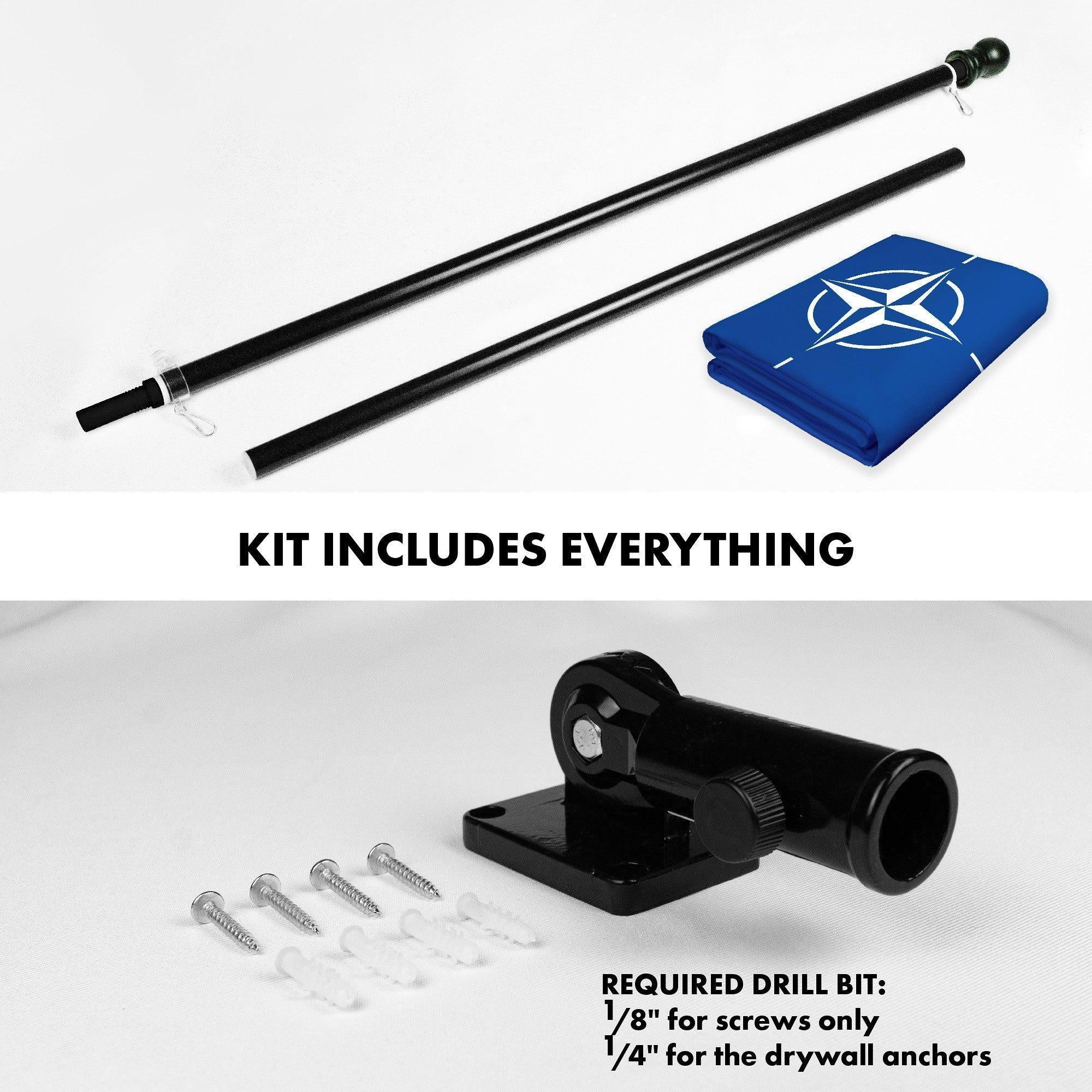 G128 Combo Pack: 6 Ft Tangle Free Aluminum Spinning Flagpole (Black) & North Atlantic Treaty Org NATO Flag 3x5 Ft, LiteWeave Pro Series Printed 150D Polyester  Pole with Flag Included