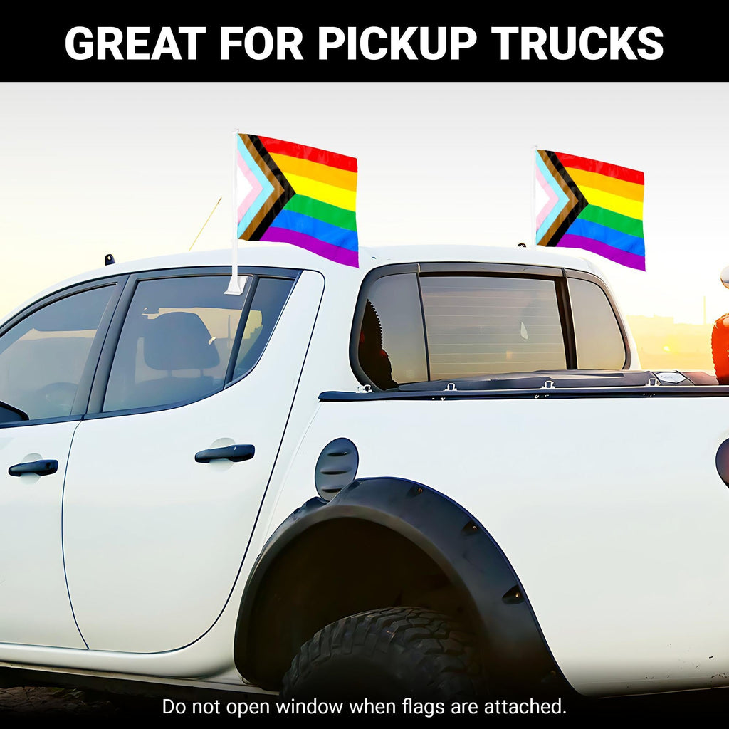 G128 2 Pack: LGBT Progress Rainbow Pride Car Flag  11x17 In  Double LiteWeave Pro Series Double Sided Printed 150D Polyester  Flagpole Included  Perfect for Festival Celebrations, Parades