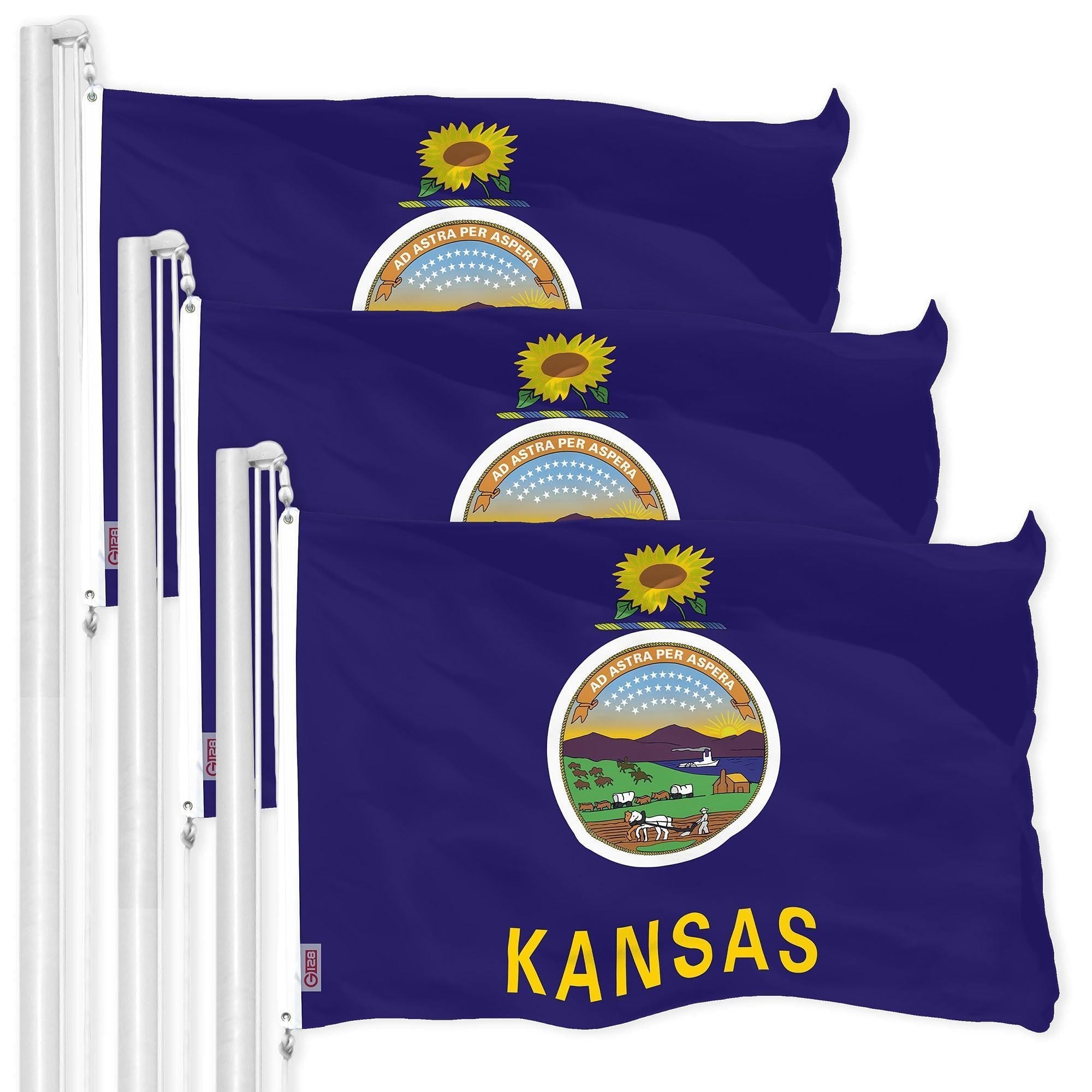 G128 3 Pack: Kansas KS State Flag  3x5 Ft  LiteWeave Pro Series Printed 150D Polyester  Indoor/Outdoor, Vibrant Colors, Brass Grommets, Thicker and More Durable Than 100D 75D Polyester