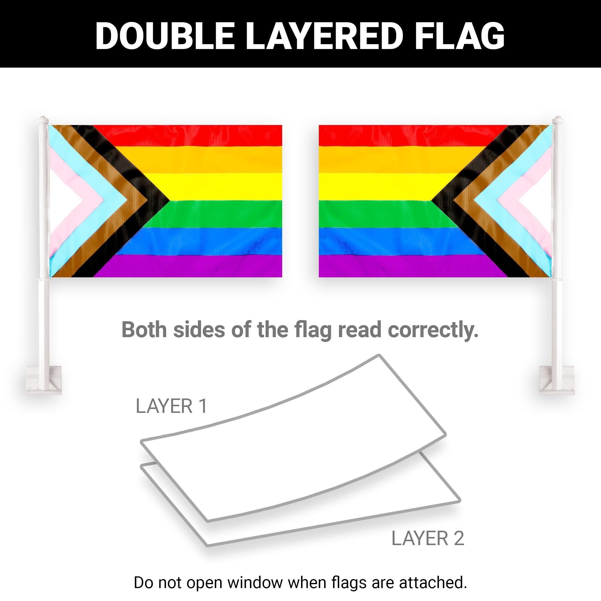 G128 2 Pack: LGBT Progress Rainbow Pride Car Flag  11x17 In  Double LiteWeave Pro Series Double Sided Printed 150D Polyester  Flagpole Included  Perfect for Festival Celebrations, Parades