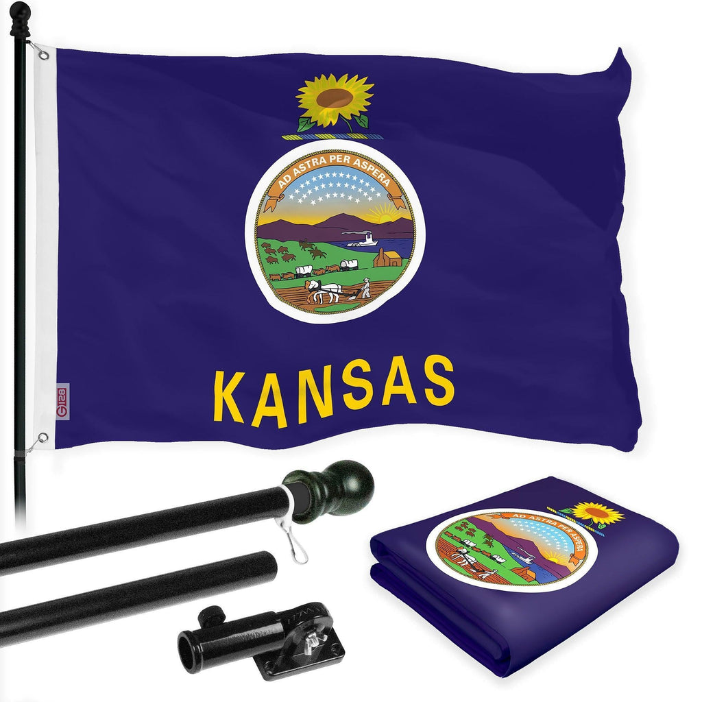 G128 Combo Pack: 6 Ft Tangle Free Spinning Flagpole (Black) & Kansas Flag 3x5 Ft Printed 150D Polyester, Brass Grommets (Flag Included) Aluminum Flag Pole