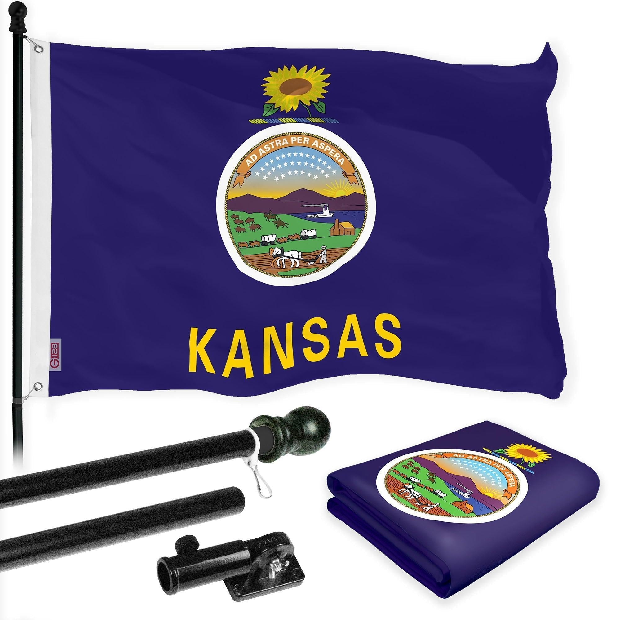G128 Combo Pack: 6 Ft Tangle Free Spinning Flagpole (Black) & Kansas Flag 3x5 Ft Printed 150D Polyester, Brass Grommets (Flag Included) Aluminum Flag Pole