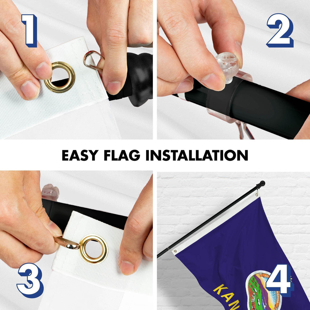 G128 Combo Pack: 6 Ft Tangle Free Spinning Flagpole (Black) & Kansas Flag 3x5 Ft Printed 150D Polyester, Brass Grommets (Flag Included) Aluminum Flag Pole