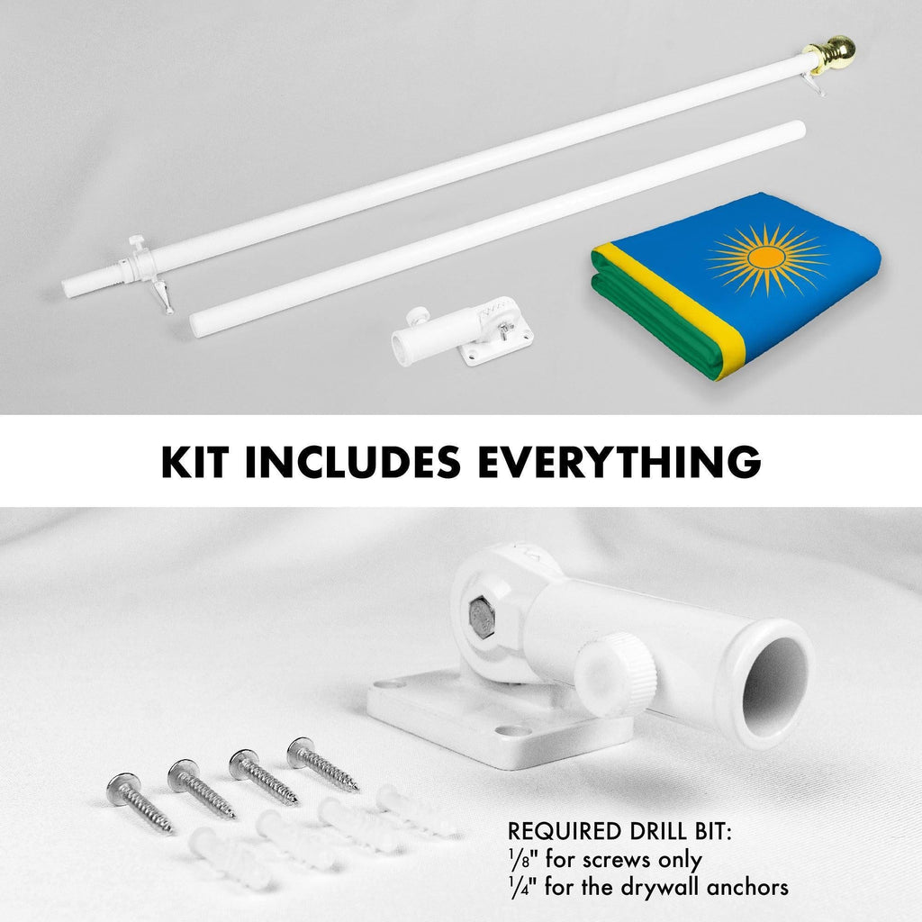 G128 Combo Pack: 6 Ft Tangle Free Aluminum Spinning Flagpole (White) & Rwanda Rwandan Flag 3x5 Ft, LiteWeave Pro Series Printed 150D Polyester  Pole with Flag Included