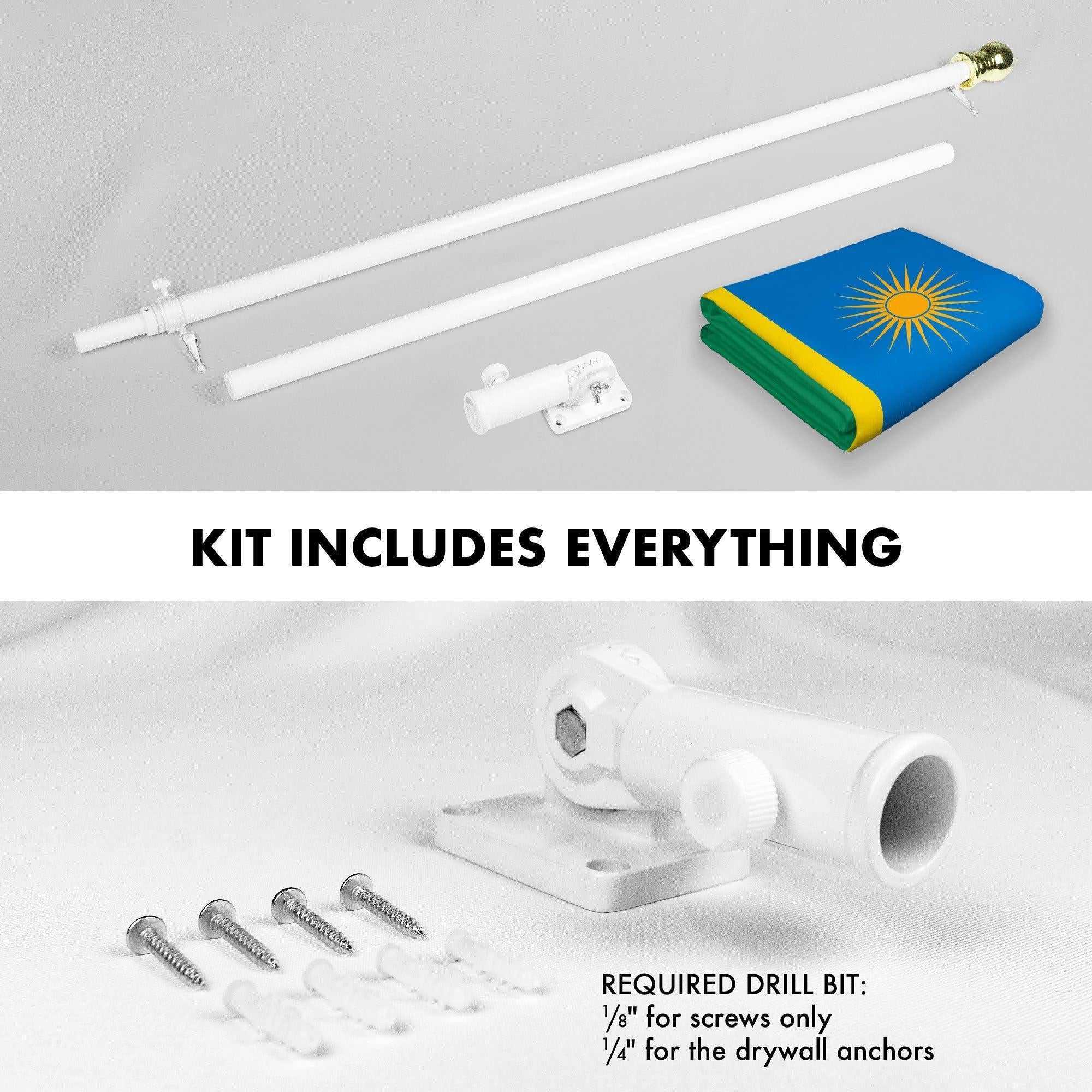 G128 Combo Pack: 6 Ft Tangle Free Aluminum Spinning Flagpole (White) & Rwanda Rwandan Flag 3x5 Ft, LiteWeave Pro Series Printed 150D Polyester  Pole with Flag Included