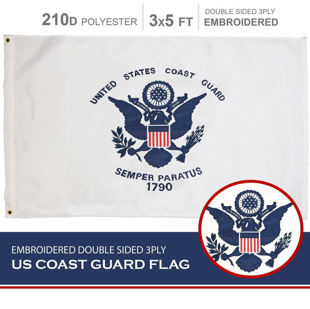 US Coast Guard Flag 210D Embroidered Polyester 3x5 Ft  Double Sided 3ply