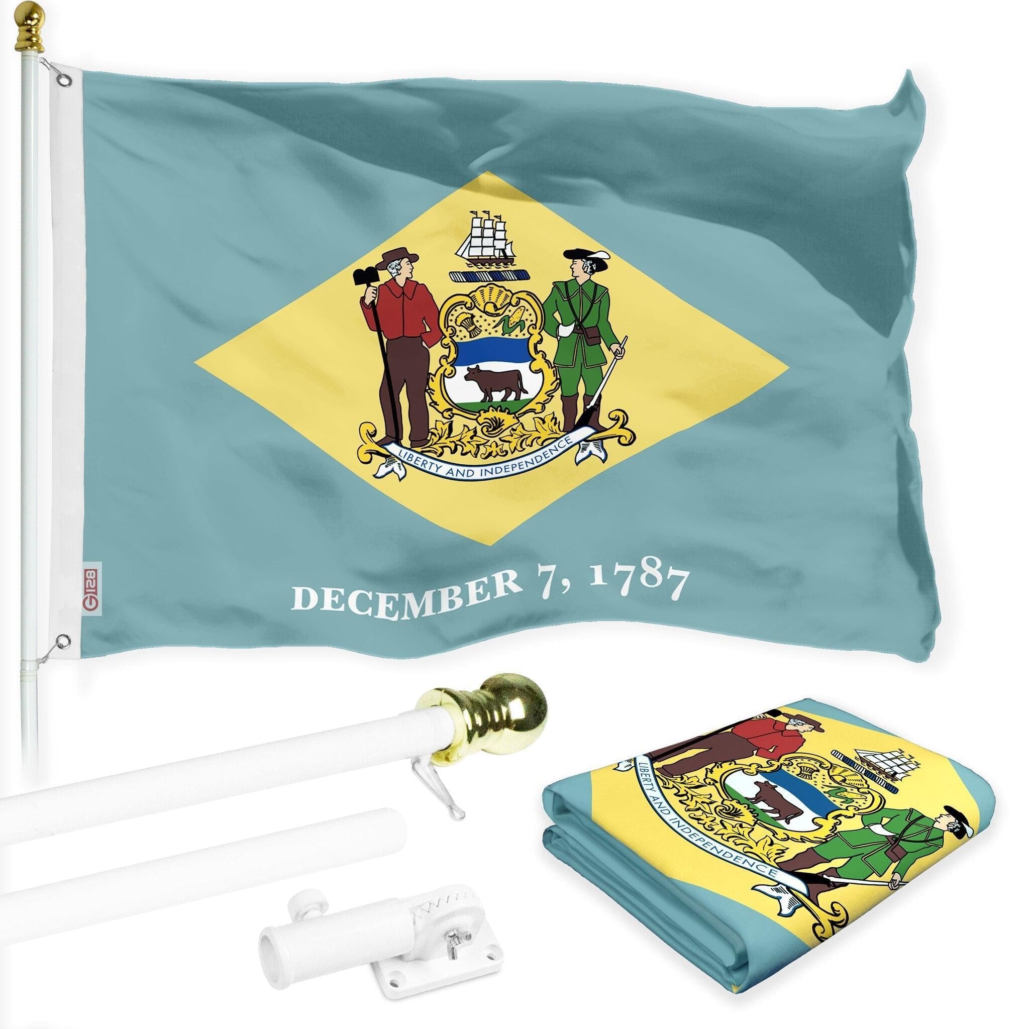 G128 Combo Pack: 6 Ft Tangle Free Spinning Flagpole (White) & Delaware Flag 3x5 Ft Printed 150D Polyester, Brass Grommets (Flag Included) Aluminum Flag Pole