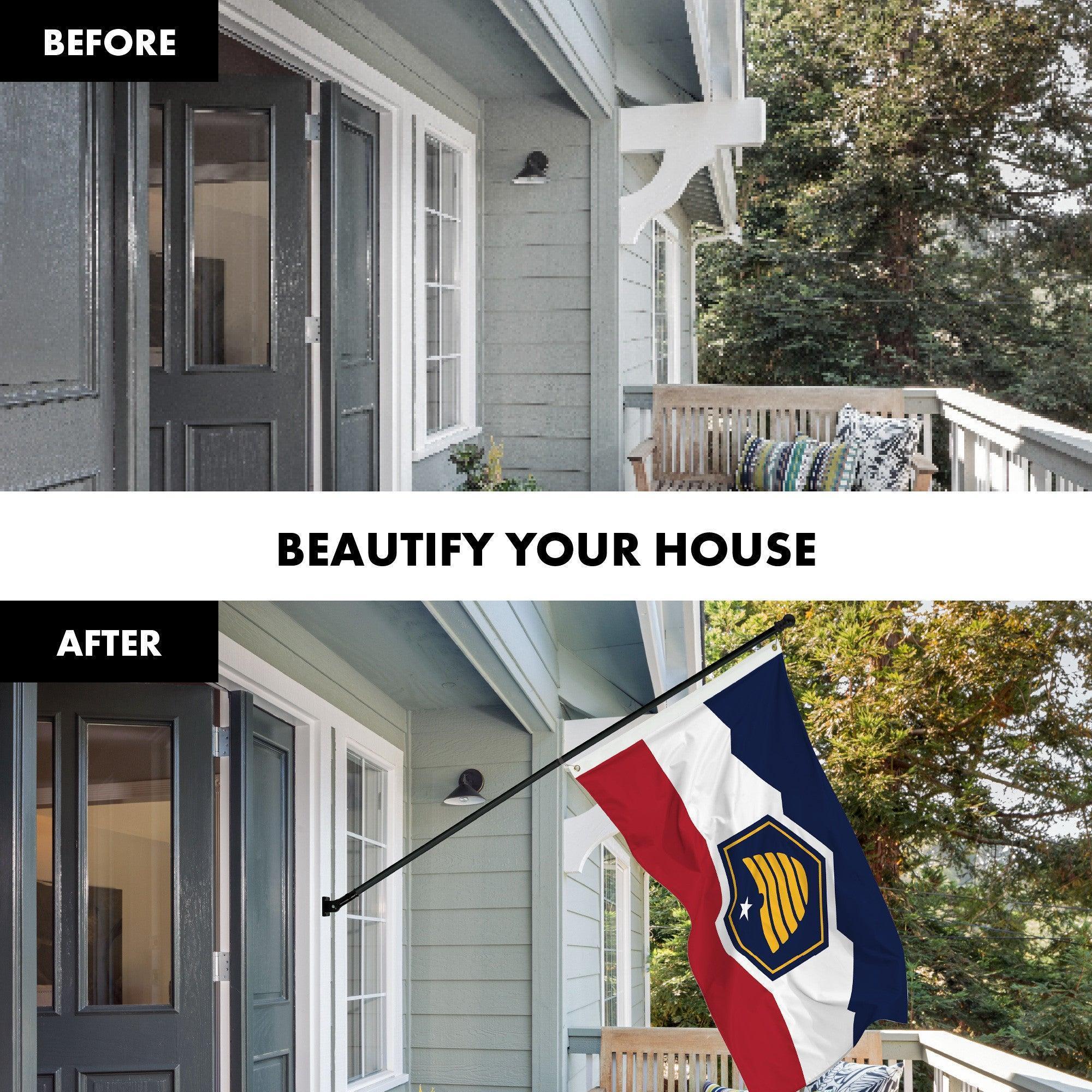 G128 Combo Pack: 6 Ft Tangle Free Aluminum Spinning Flagpole (Black) & Utah 2023 New Version UT State Flag 3x5 Ft, LiteWeave Pro Series Printed 150D Polyester  Pole with Flag Included