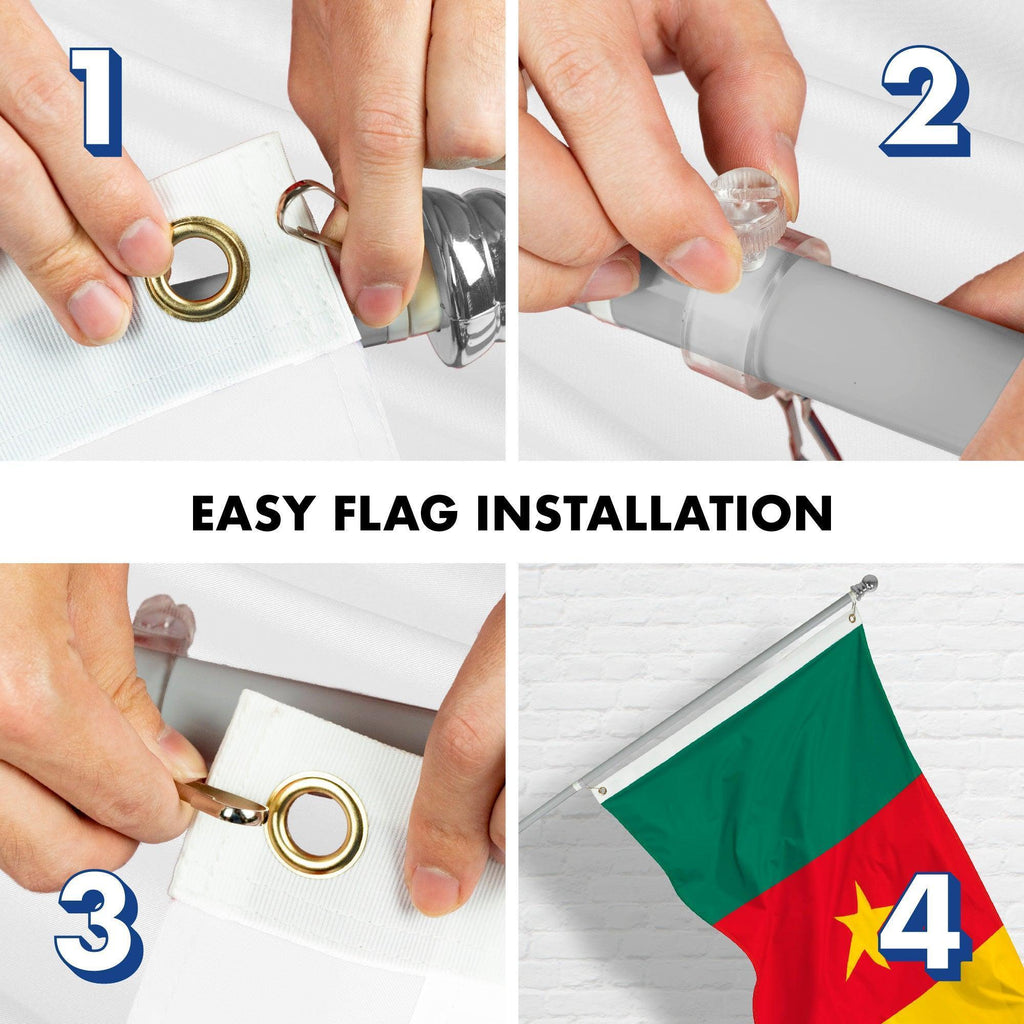 G128 Combo Pack: 6 Feet Tangle Free Spinning Flagpole (Silver) Cameroon Cameroonian Flag 3x5 ft Printed 150D Brass Grommets (Flag Included) Aluminum Flag Pole