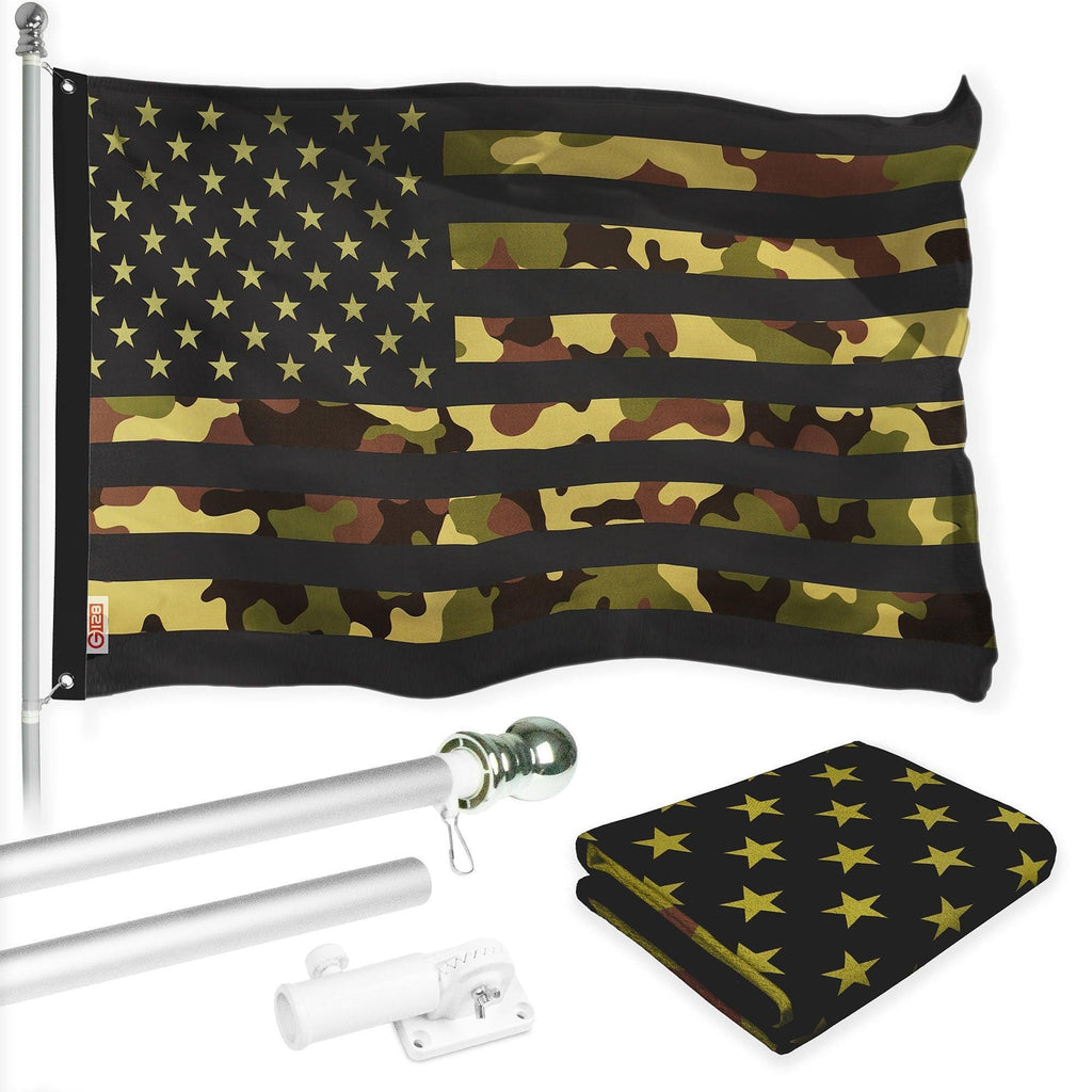 G128 Combo Pack: 6 Ft Tangle Free Aluminum Spinning Flagpole (Silver) & American USA Camouflage Flag 3x5 Ft, LiteWeave Pro Series Printed 300D Polyester  Pole with Flag Included