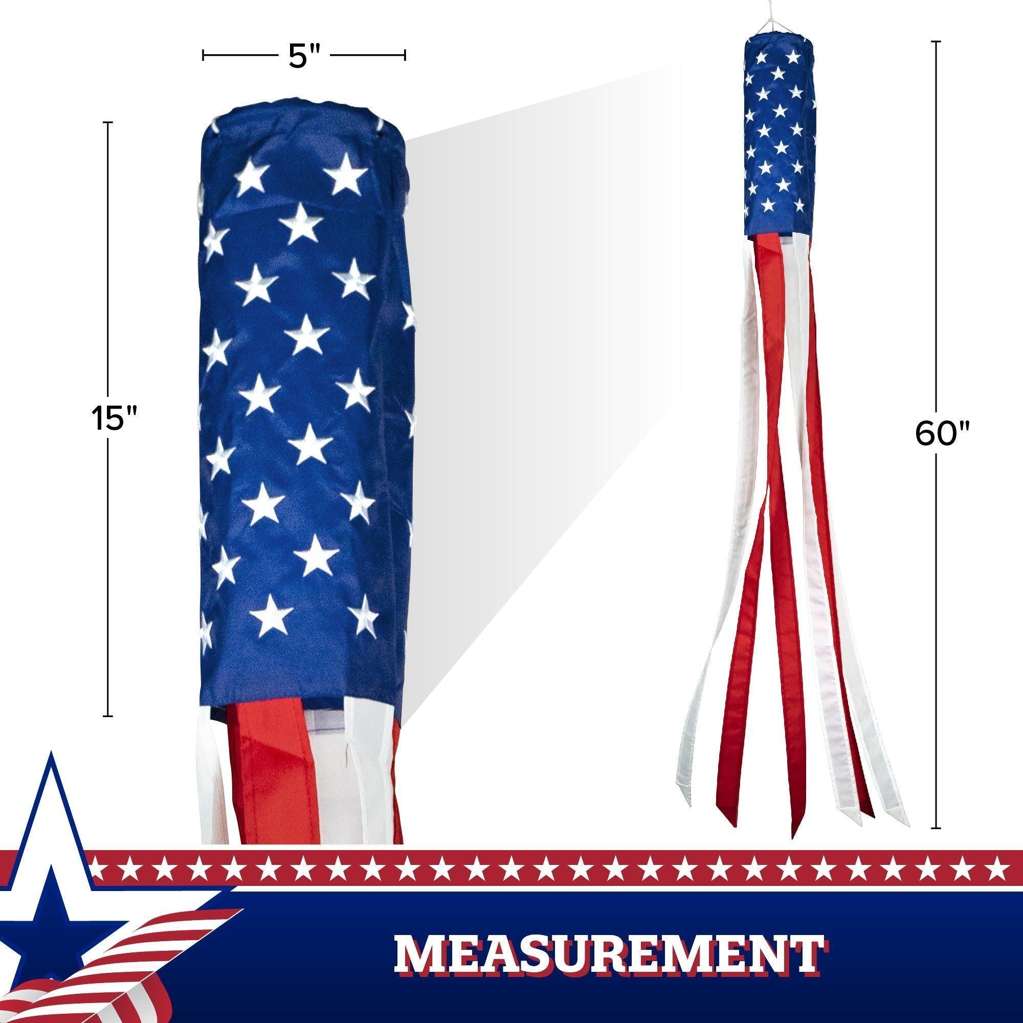 G128 5Pack: American USA Windsock  60 Inch  Embroidered 210D Polyester, Patriotic Hanging Decoration