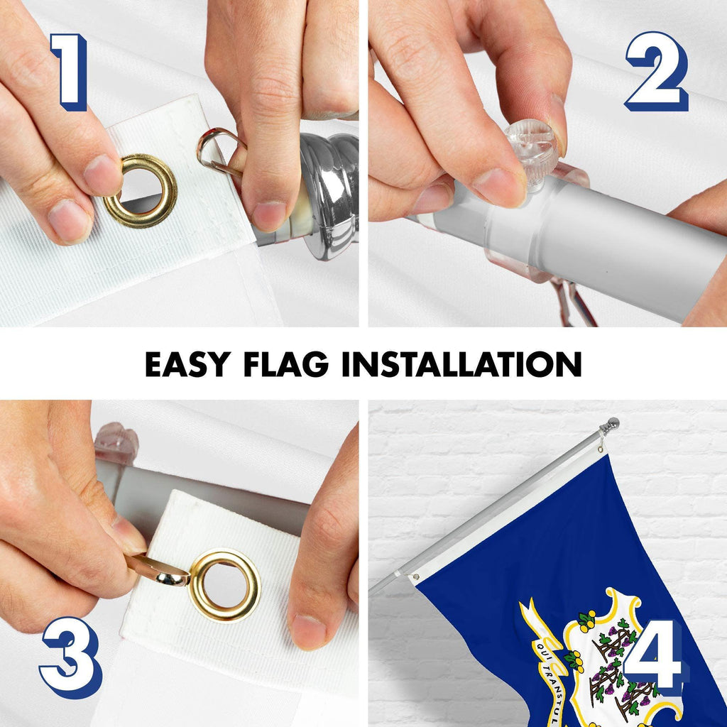 G128 Combo Pack: 6 Ft Tangle Free Spinning Flagpole (Silver) & Connecticut Flag 3x5 Ft Printed 150D Polyester, Brass Grommets (Flag Included) Aluminum Flag Pole