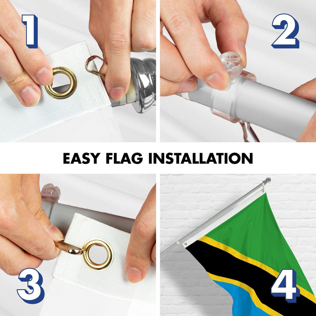 G128 Combo Pack: 6 Ft Tangle Free Aluminum Spinning Flagpole (Silver) & Tanzania Tanzanian Flag  3x5 Ft, LiteWeave Pro Series Printed 150D Polyester  Pole with Flag Included