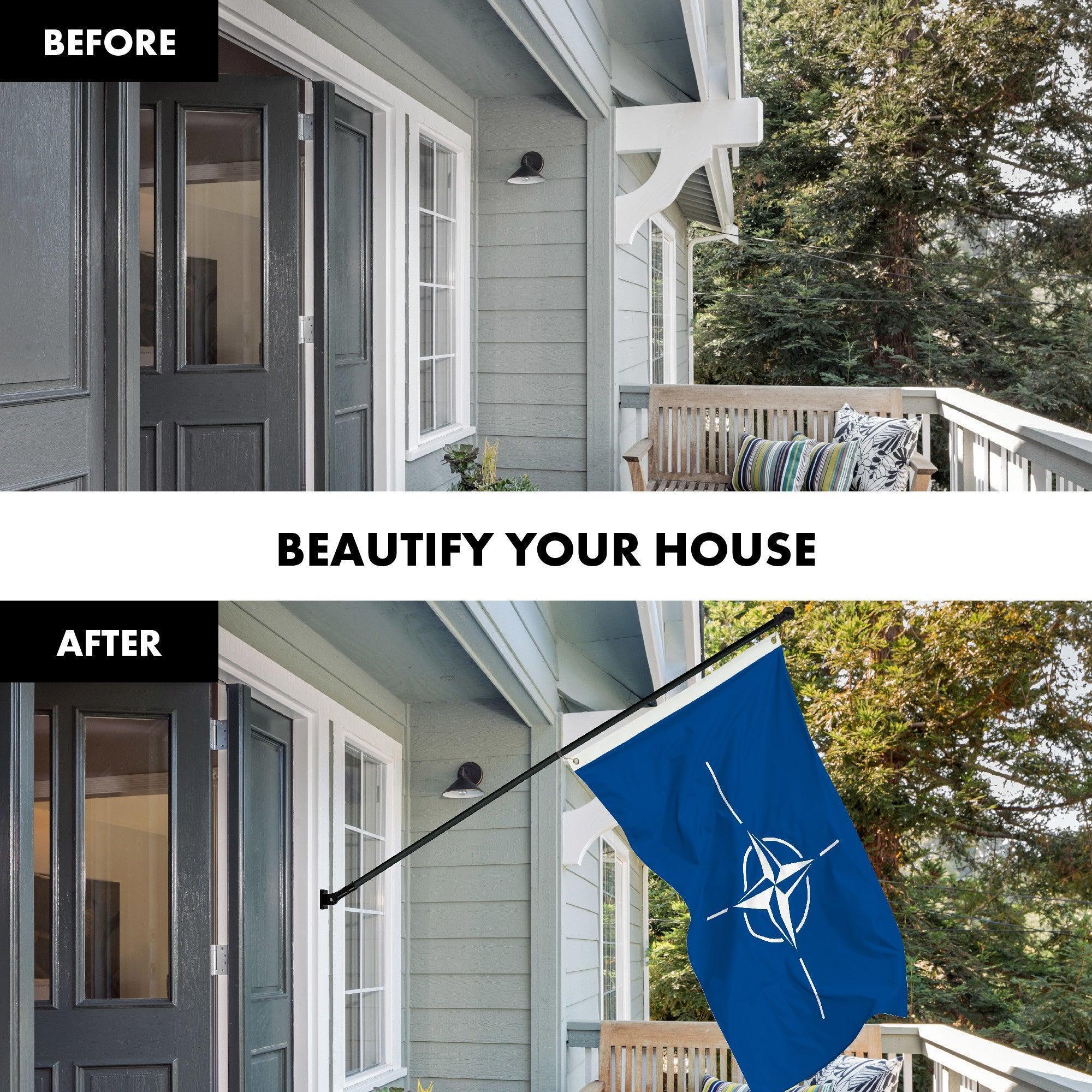 G128 Combo Pack: 6 Ft Tangle Free Aluminum Spinning Flagpole (Black) & North Atlantic Treaty Org NATO Flag 3x5 Ft, LiteWeave Pro Series Printed 150D Polyester  Pole with Flag Included