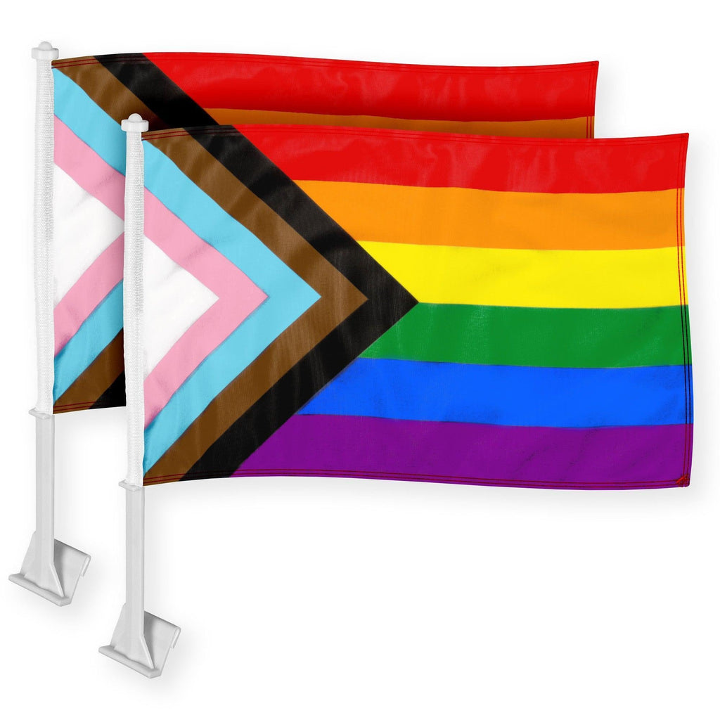G128 2 Pack: LGBT Progress Rainbow Pride Car Flag  11x17 In  Double LiteWeave Pro Series Double Sided Printed 150D Polyester  Flagpole Included  Perfect for Festival Celebrations, Parades