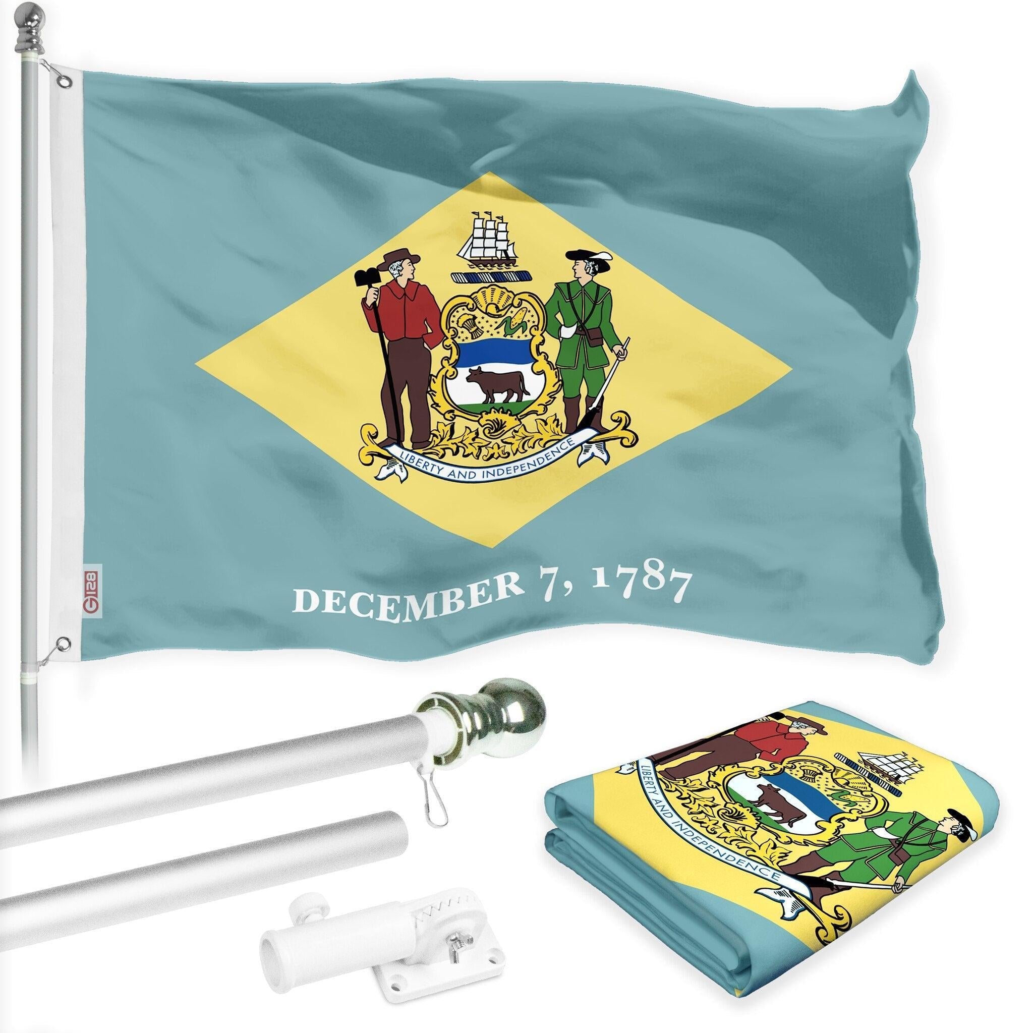 G128 Combo Pack: 6 Ft Tangle Free Spinning Flagpole (Silver) & Delaware Flag 3x5 Ft Printed 150D Polyester, Brass Grommets (Flag Included) Aluminum Flag Pole