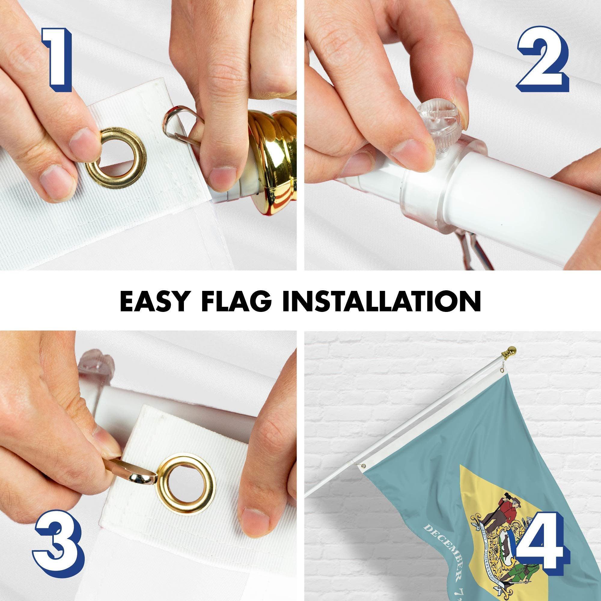 G128 Combo Pack: 6 Ft Tangle Free Spinning Flagpole (White) & Delaware Flag 3x5 Ft Printed 150D Polyester, Brass Grommets (Flag Included) Aluminum Flag Pole