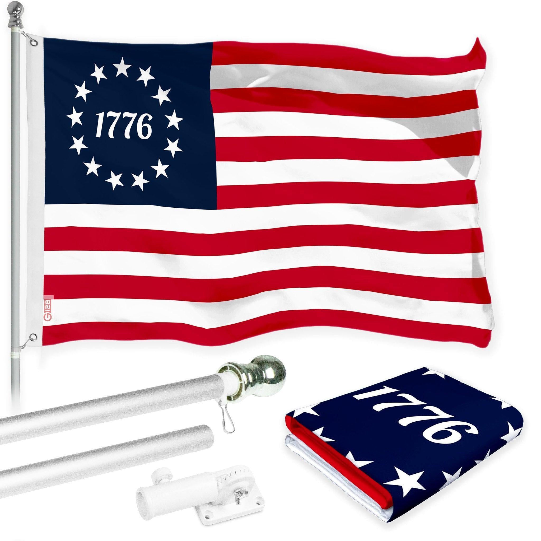 G128 Combo Pack: 6 Ft Tangle Free Aluminum Spinning Flagpole (Silver) & Betsy Ross 1776 Flag 3x5 Ft, LiteWeave Pro Series Printed 150D Polyester  Pole with Flag Included