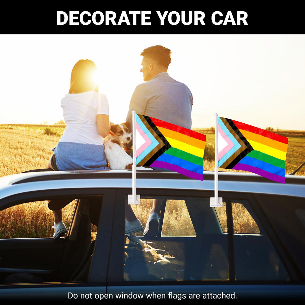 G128 2 Pack: LGBT Progress Rainbow Pride Car Flag  11x17 In  Double LiteWeave Pro Series Double Sided Printed 150D Polyester  Flagpole Included  Perfect for Festival Celebrations, Parades