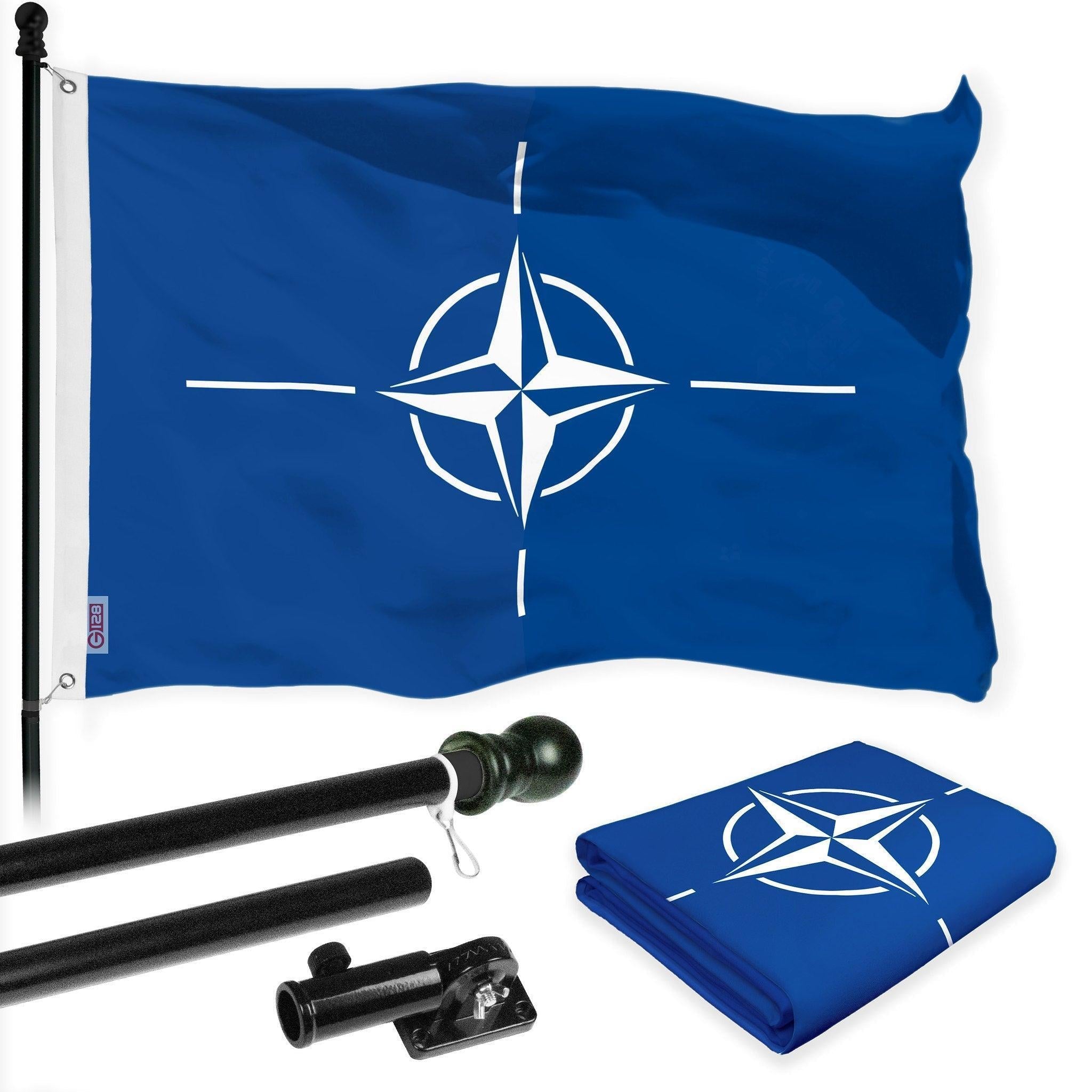 G128 Combo Pack: 6 Ft Tangle Free Aluminum Spinning Flagpole (Black) & North Atlantic Treaty Org NATO Flag 3x5 Ft, LiteWeave Pro Series Printed 150D Polyester  Pole with Flag Included