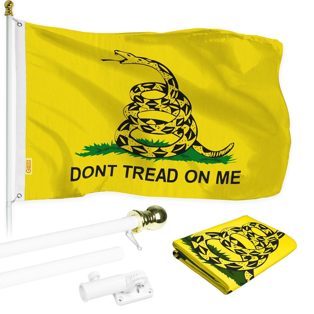 G128  6 Feet Tangle Free Spinning Flagpole (White) Gadsden Brass Grommets Printed 3x5 ft (Flag Included) Aluminum Flag Pole