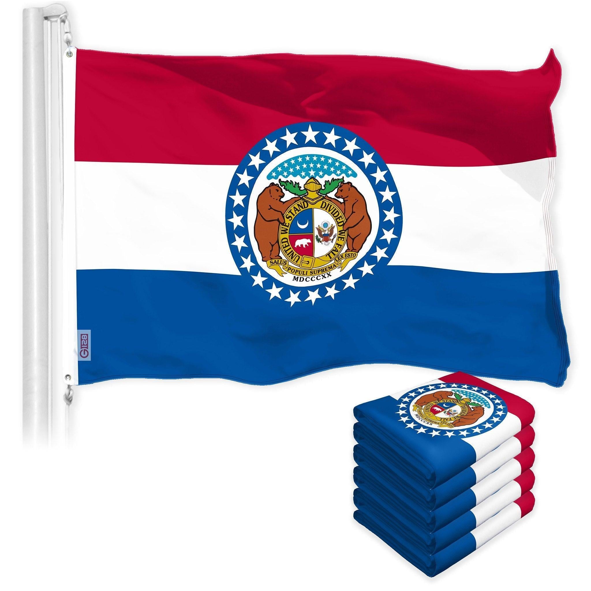G128 5 Pack: Missouri MO State Flag  3x5 Ft  LiteWeave Pro Series Printed 150D Polyester  Indoor/Outdoor, Vibrant Colors, Brass Grommets, Thicker and More Durable Than 100D 75D Polyester