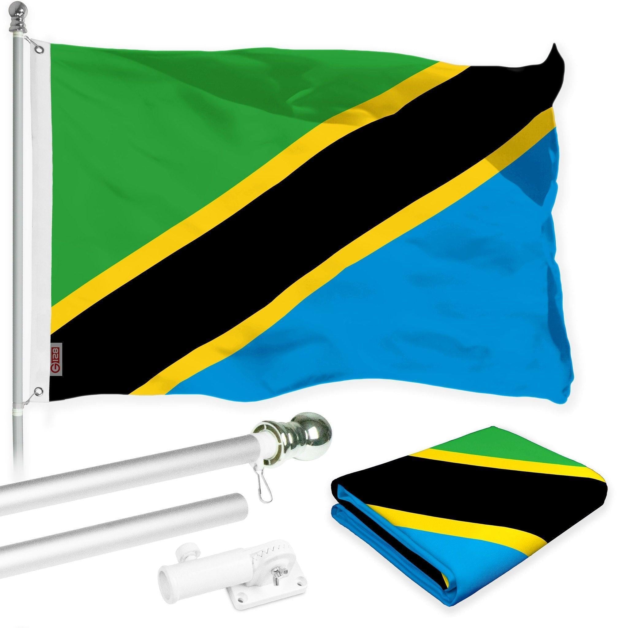 G128 Combo Pack: 6 Ft Tangle Free Aluminum Spinning Flagpole (Silver) & Tanzania Tanzanian Flag  3x5 Ft, LiteWeave Pro Series Printed 150D Polyester  Pole with Flag Included