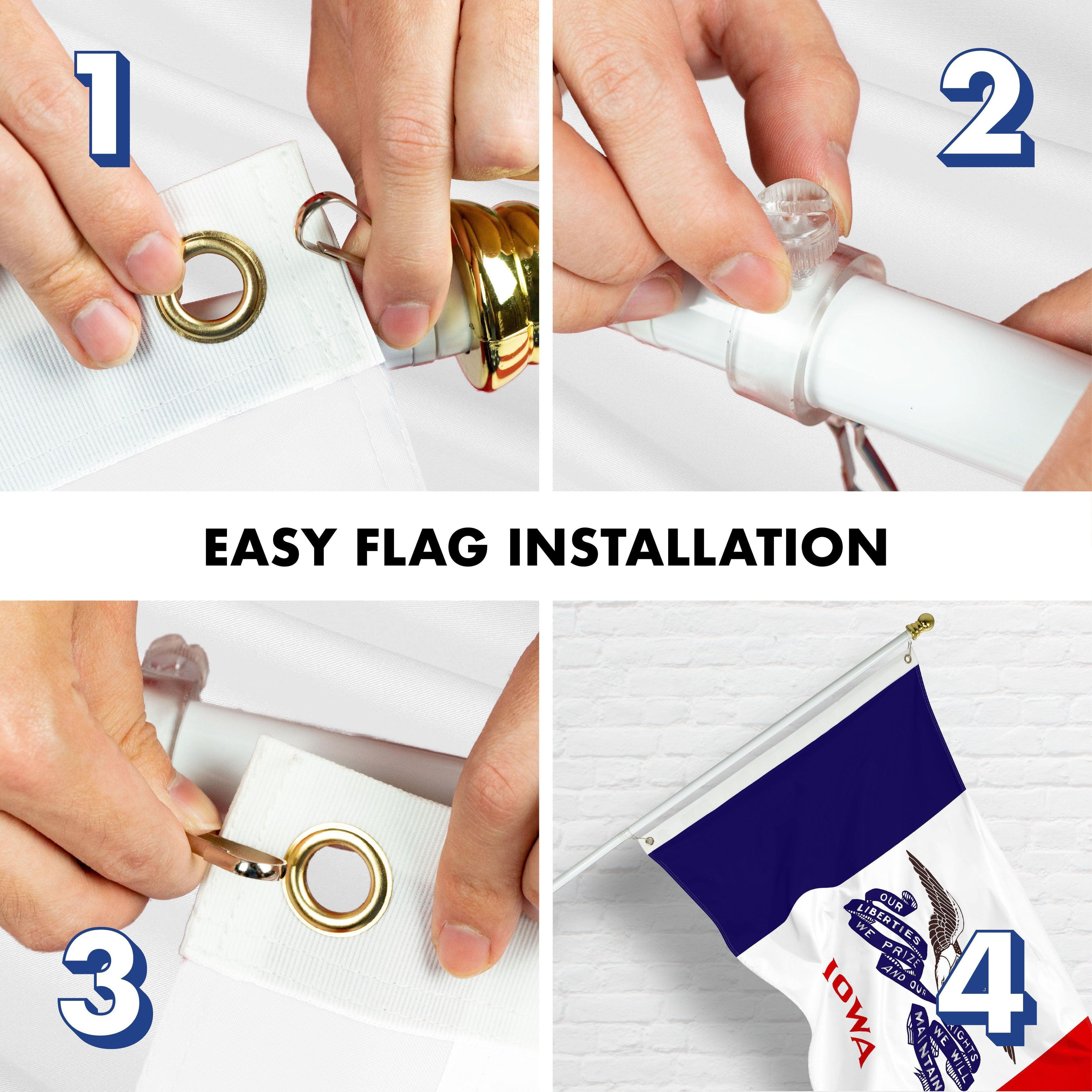 G128 Combo Pack: 6 Ft Tangle Free Aluminum Spinning Flagpole (White) & Iowa IA Deluxe State Flag 3x5 Ft, ToughWeave Series Embroidered 300D Polyester  Pole with Flag Included