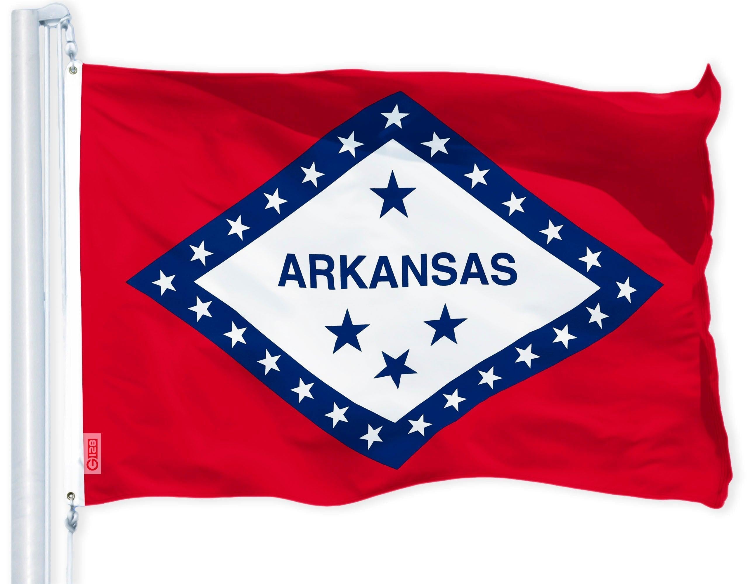 G128 Arkansas State Flag  3x5 feet  Printed 150D Indoor/Outdoor, Vibrant Colors, Brass Grommets, Quality Polyester, Much Thicker More Durable Than 100D 75D Polyester