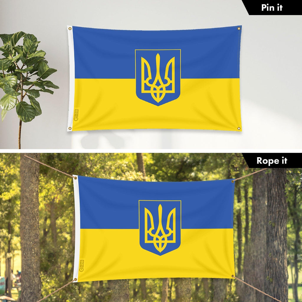 G128 Combo: 6 Ft Tangle Free Aluminum Spinning Flagpole (Black) & Ukraine Ukrainian Coat of Arms Flag 3x5 Ft, LiteWeave Pro Printed 150D Polyester, 4 Corner Brass Grommets  Pole with Flag Included