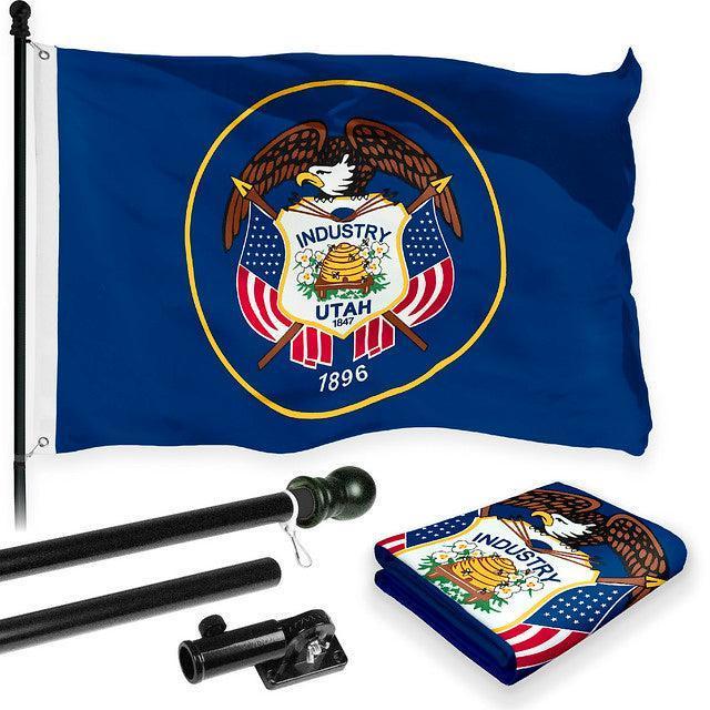 Combo Pack: 6 Feet Tangle Free Spinning Flagpole (Black) Utah UT State Flag 3x5 ft Printed 150D Brass Grommets (Flag Included) Aluminum Flag Pole