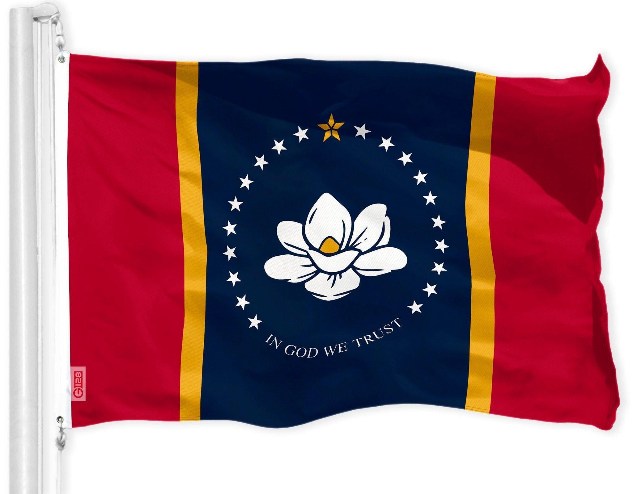G128 Mississippi State Flag 2020 Version  3x5 feet  Printed 150D, Indoor/Outdoor, Vibrant Colors, Brass Grommets, Quality Polyester, Much Thicker More Durable Than 100D 75D Polyester