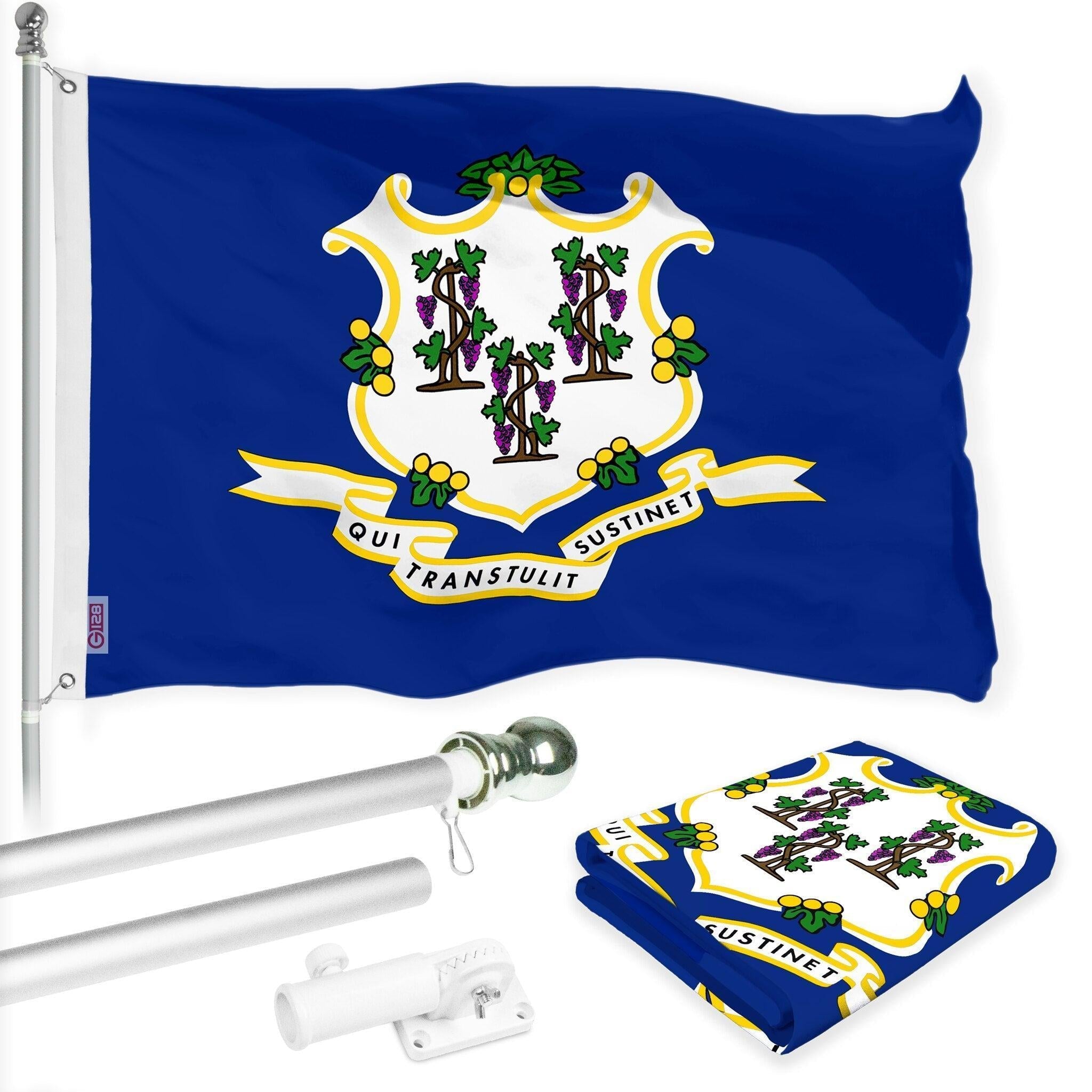 G128 Combo Pack: 6 Ft Tangle Free Spinning Flagpole (Silver) & Connecticut Flag 3x5 Ft Printed 150D Polyester, Brass Grommets (Flag Included) Aluminum Flag Pole