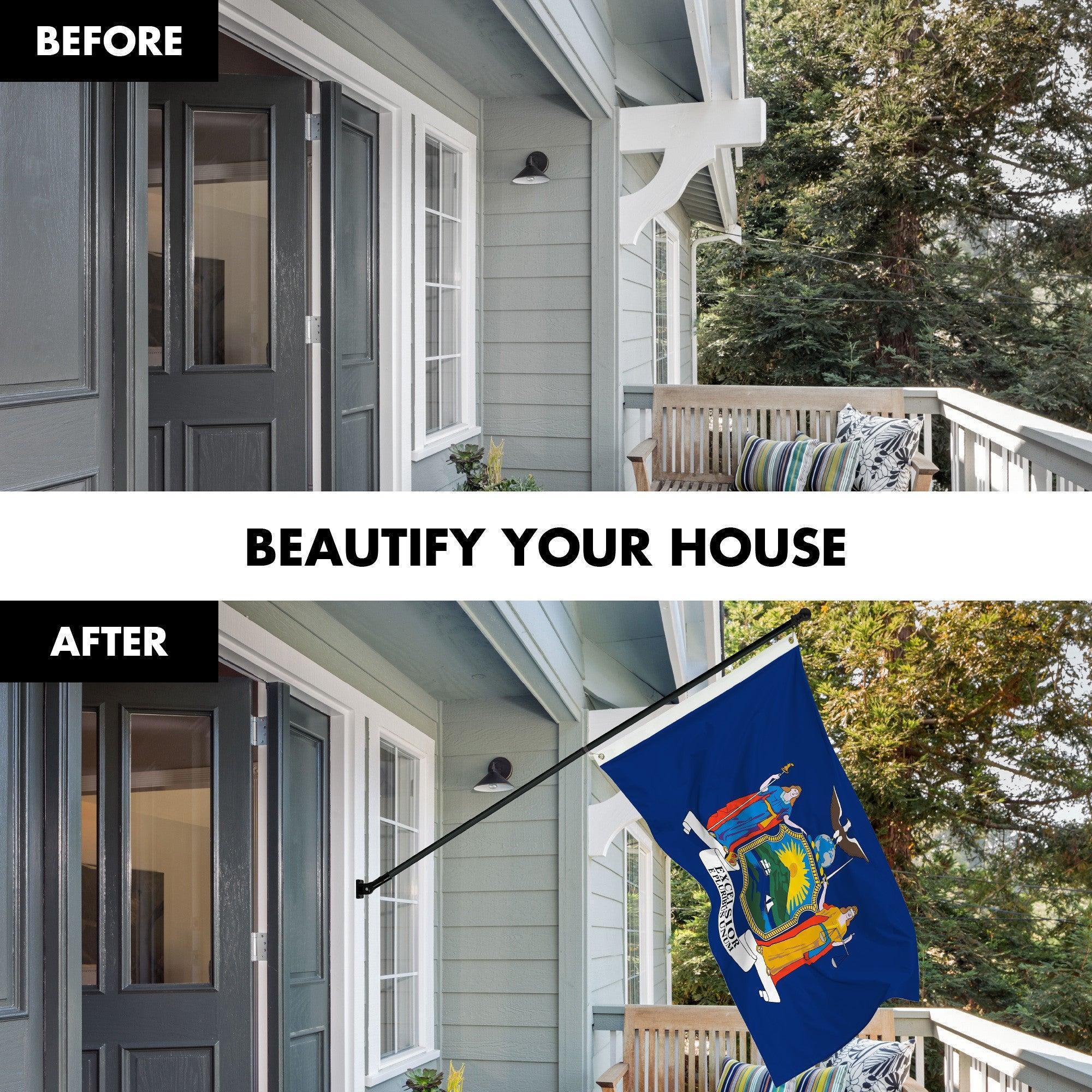 G128 Combo Pack: 6 Ft Tangle Free Aluminum Spinning Flagpole (Black) & New York NY State Flag 3x5 Ft, LiteWeave Pro Series Printed 300D Polyester  Pole with Flag Included